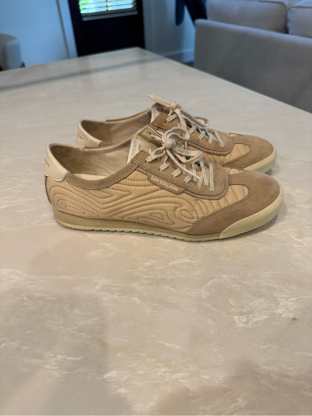 Sam Edelman Quilted Suede and Canvas Low-Top Sneakers in Beige